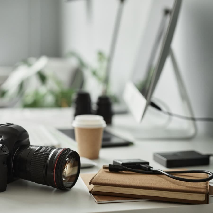 A camera, a takeaway coffee and a stack of notebooks on a bright desk